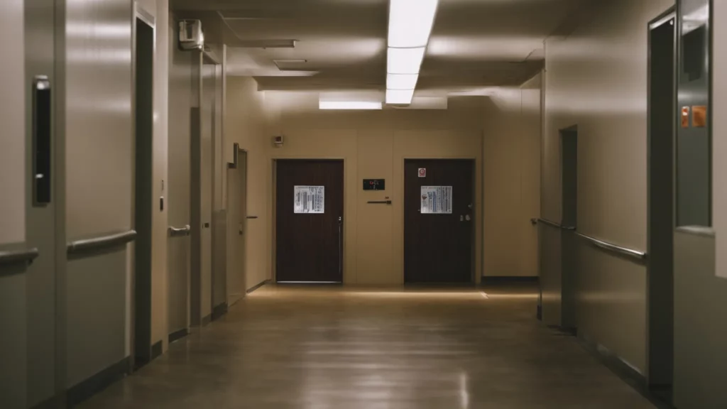 a fire door is closed securely in a well-lit, unobstructed corridor within a commercial building.