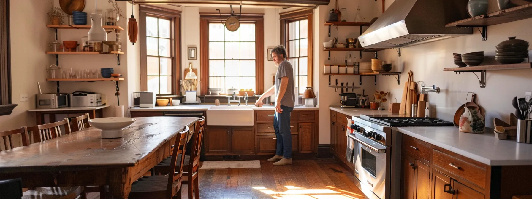 a designer carefully measuring and planning layout adjustments to achieve proper ada knee clearance in a historic kitchen space.