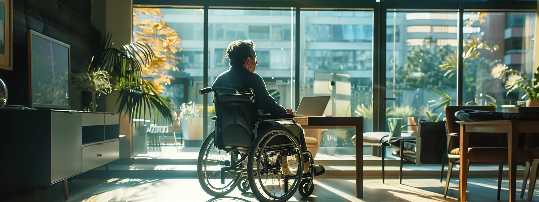 a wheelchair user easily navigating under a table with ample knee clearance.