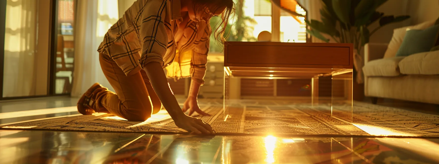 a designer measuring the knee clearance beneath a table in a room.