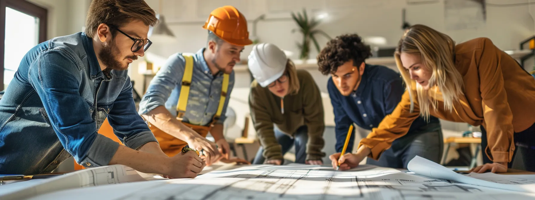 a group of designers and architects reviewing blueprints and measuring knee clearance in a conference room setting.