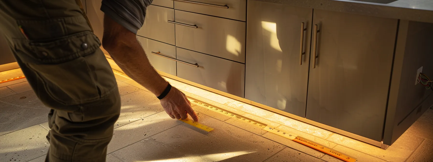 architect measuring the knee clearance under a countertop for ada compliance.