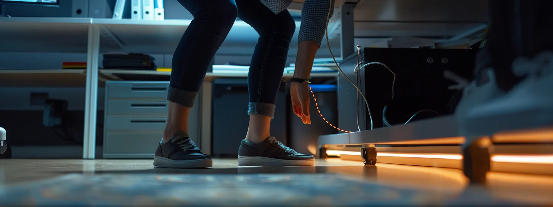 a person measuring the knee clearance under a desk in an office space.