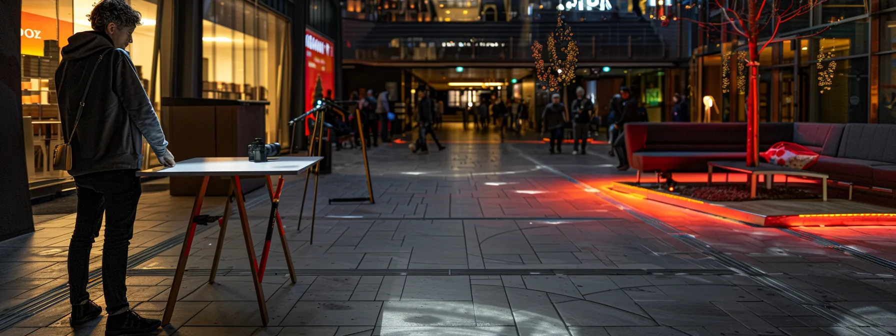 an individual measuring the height of a clearance space under a table in a public space.