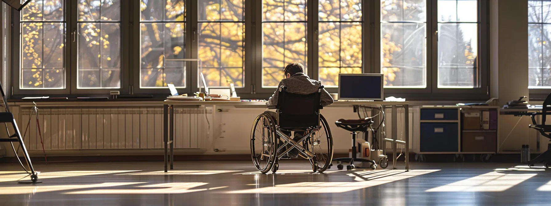 a person in a wheelchair effortlessly rolling up to a study table with ample knee clearance.