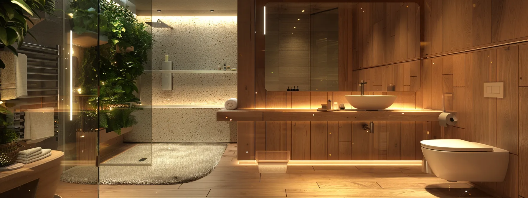 a modern bathroom design with accessible features and smart furniture.