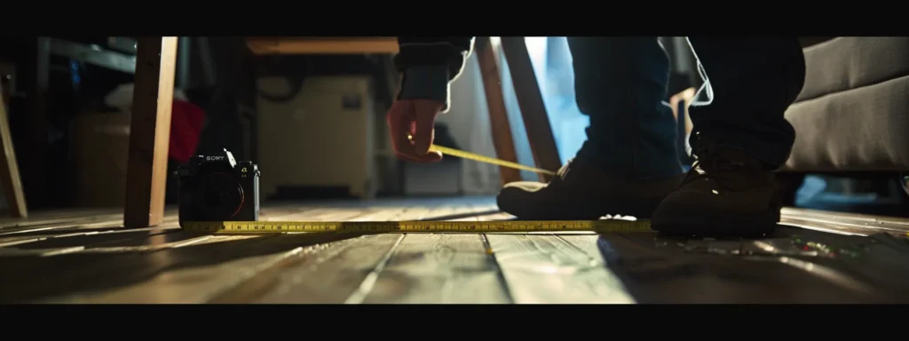 a person measuring the distance under a table with a measuring tape.