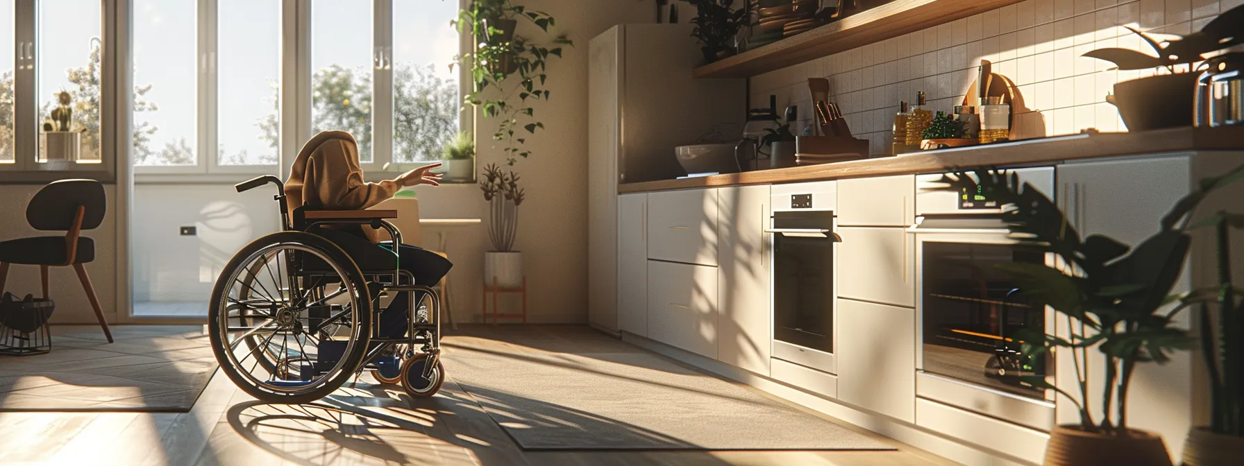 a person in a wheelchair easily maneuvering around a spacious kitchen with countertops at the correct height.