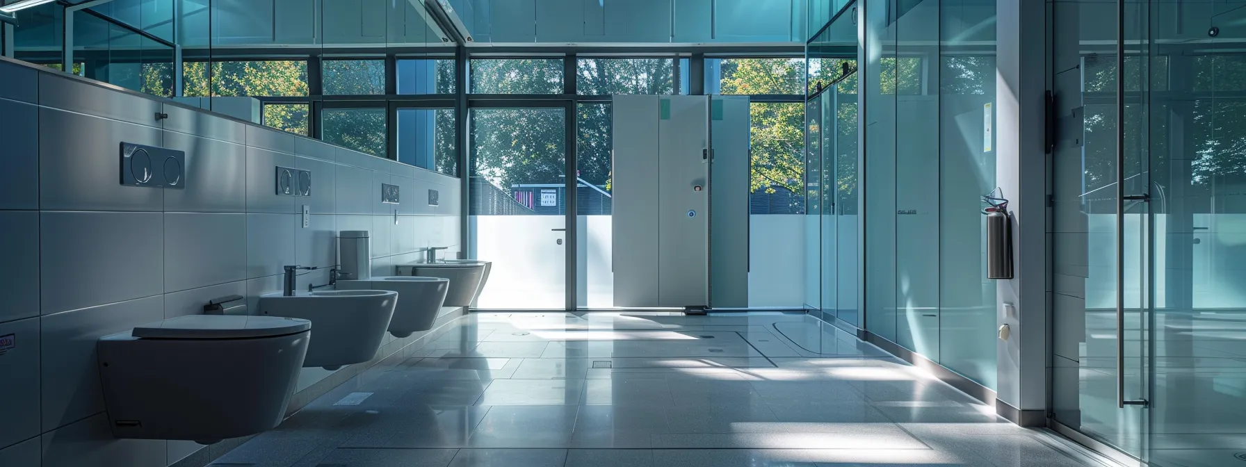 a spacious toilet compartment in a multi-user facility designed for wheelchair users with careful spatial planning for independence and privacy.