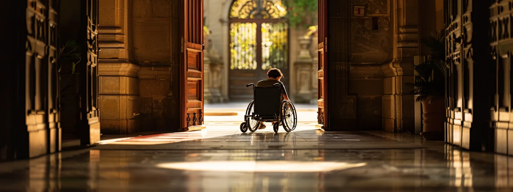 a person in a wheelchair easily maneuvering through a spacious door entrance in a historic building.