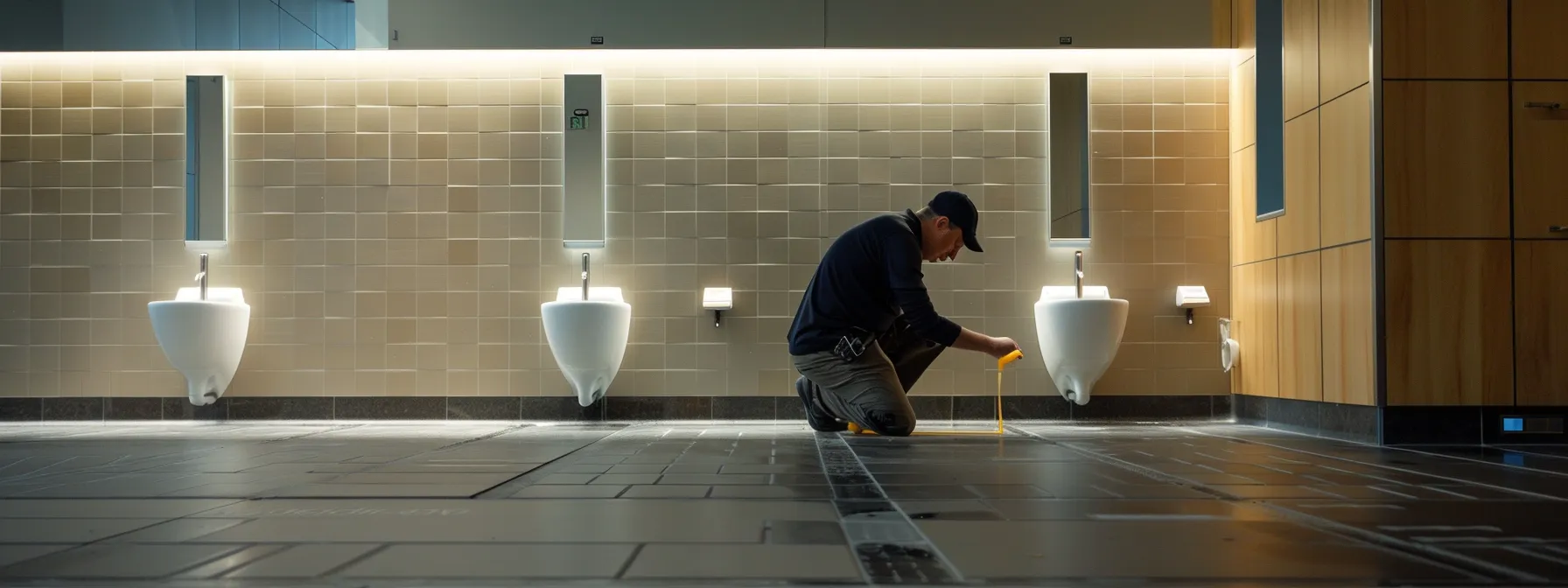 an architect carefully measures the floor clearance around a urinal in a public restroom to ensure ada compliance.