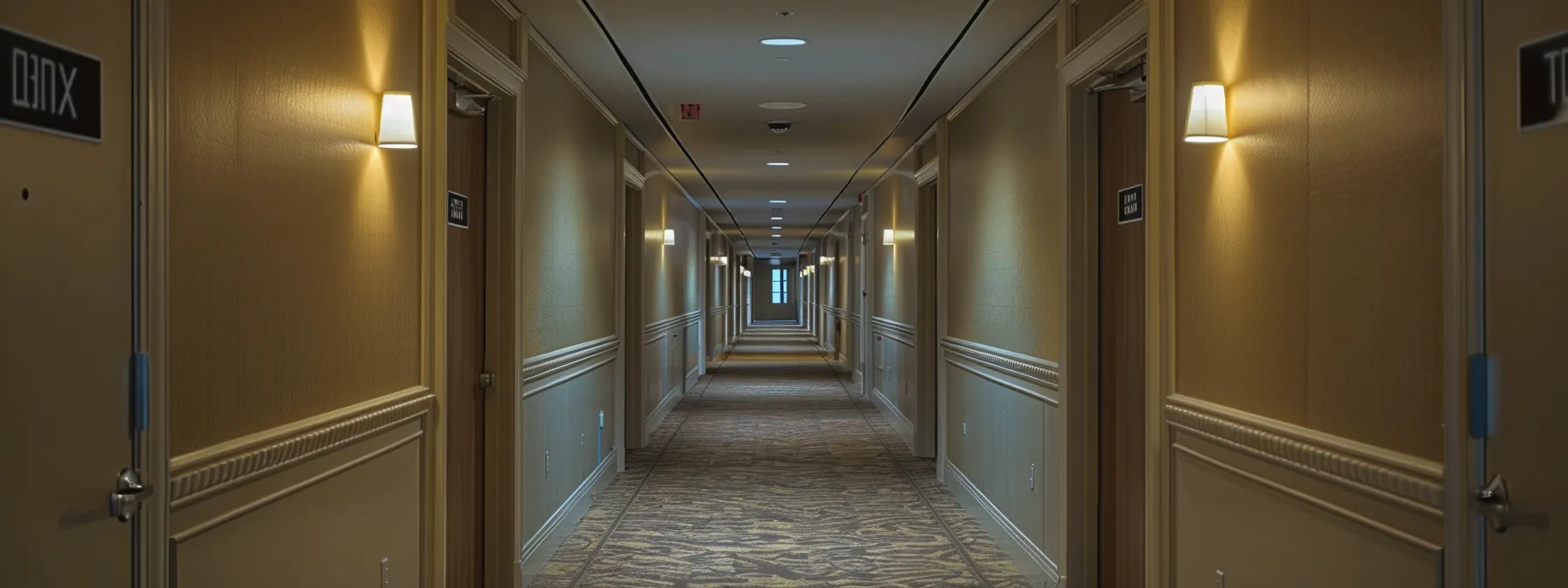 a hotel hallway with visual alarms installed on the walls.