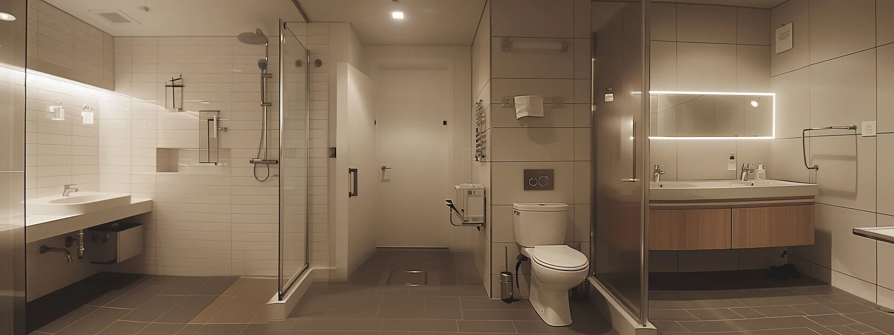 a spacious bathroom layout with wide turns for wheelchair accessibility.