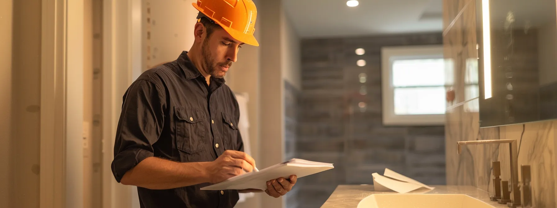 a professional contractor reviewing a bathroom layout for ada compliance.