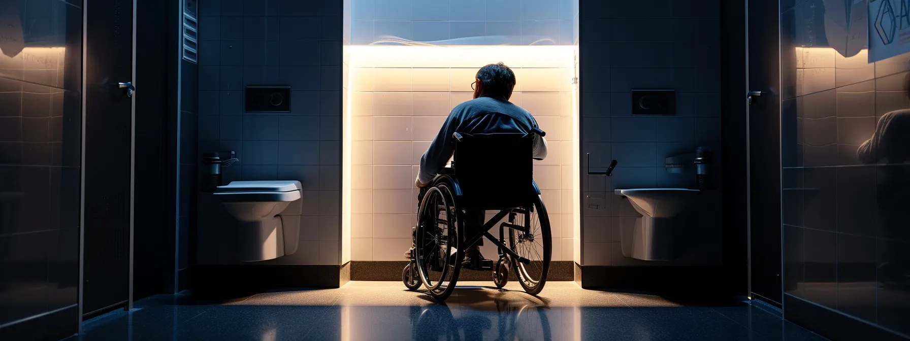 a person in a wheelchair comfortably reaching a urinal with proper knee clearance.