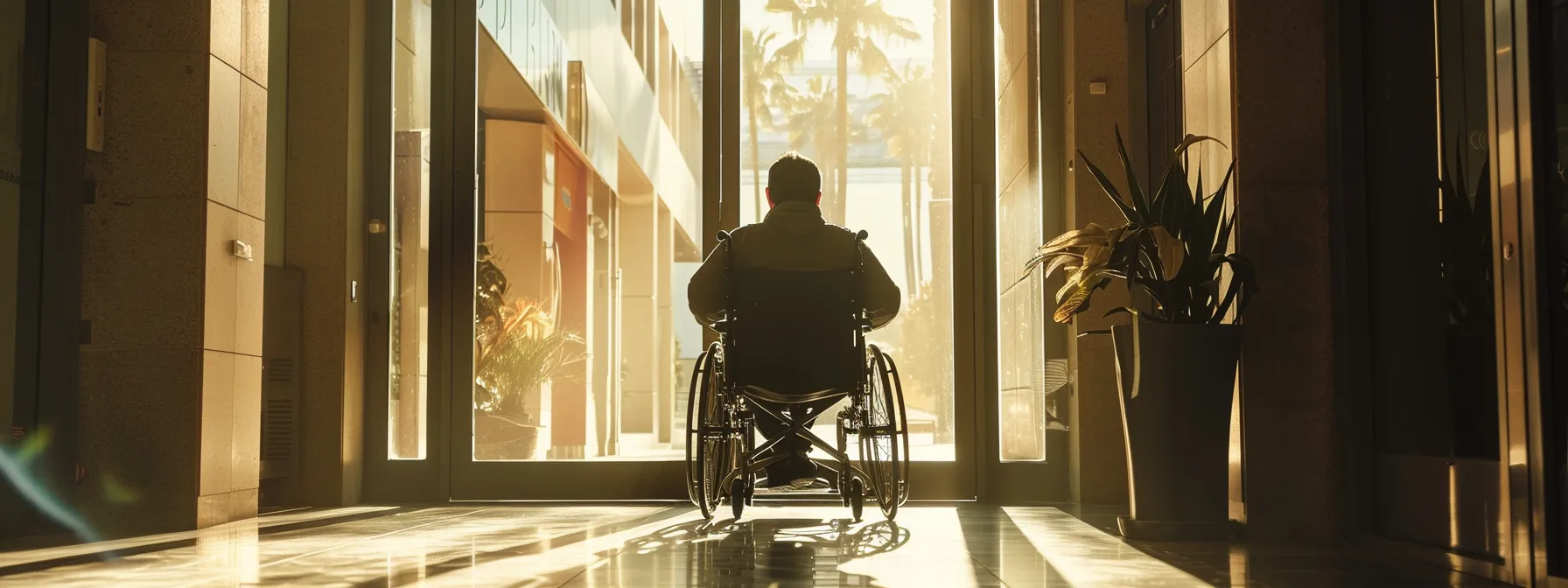 a person in a wheelchair easily maneuvering through a wide open swing door.