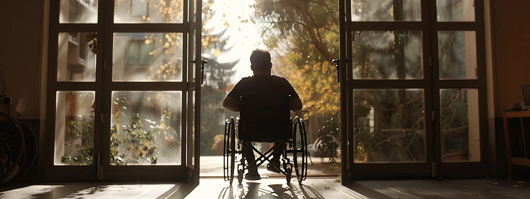 a person in a wheelchair effortlessly opening a door with an ada threshold.