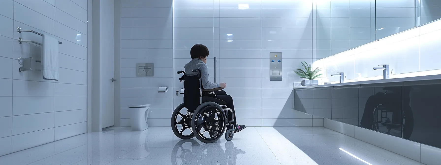 a person in a wheelchair navigating through a spacious and accessible ada bathroom.