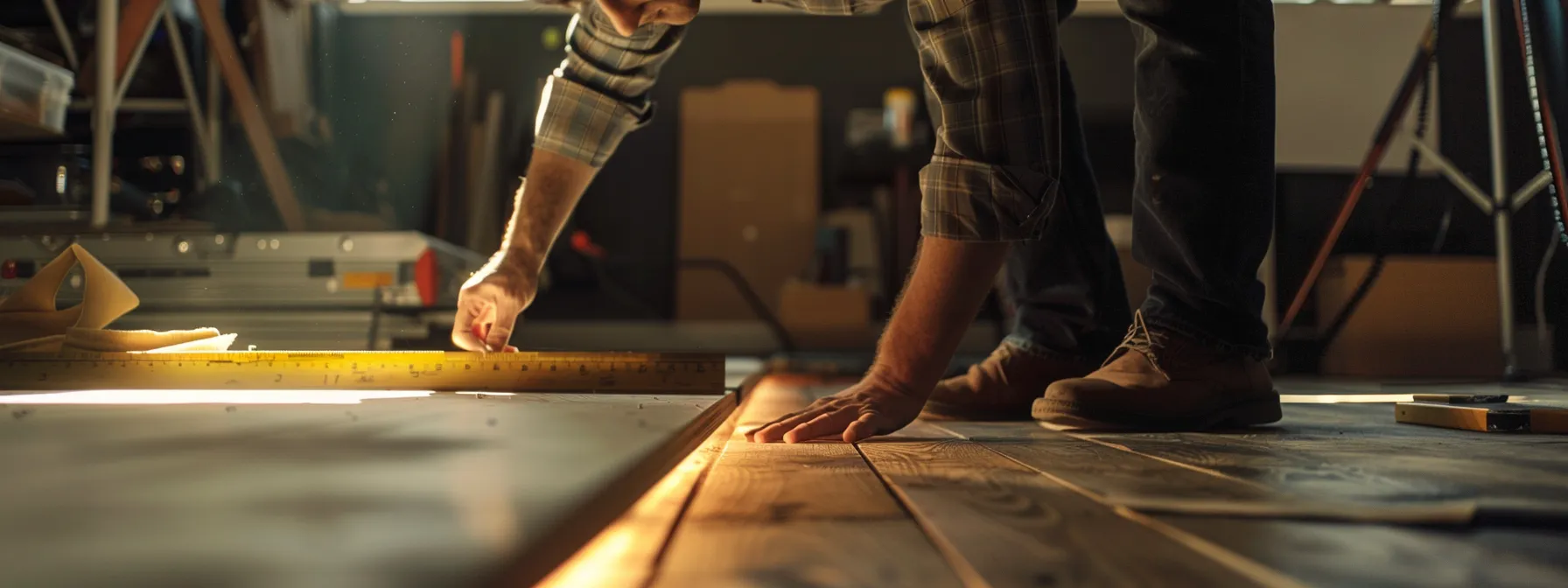 a designer measuring knee clearance under a table with a tape measure.