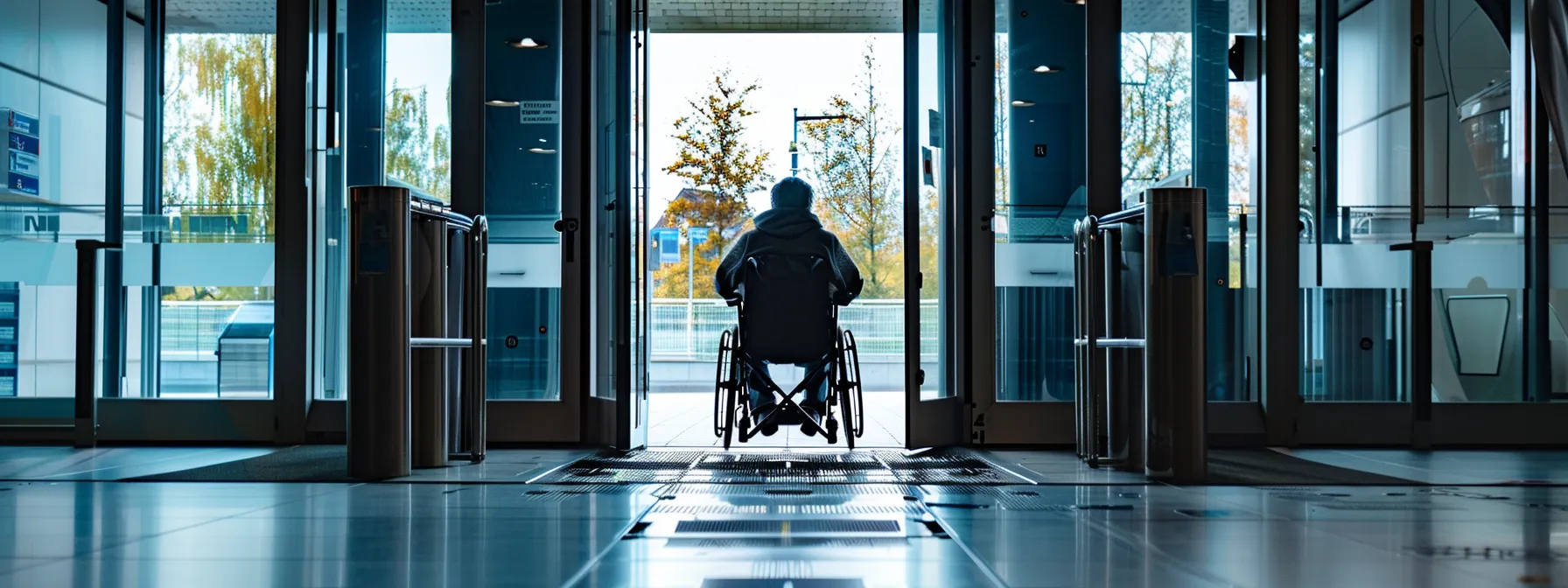 a person in a wheelchair approaching a security entrance with grab bars for stability and a two-way communication system for easy engagement with security personnel.