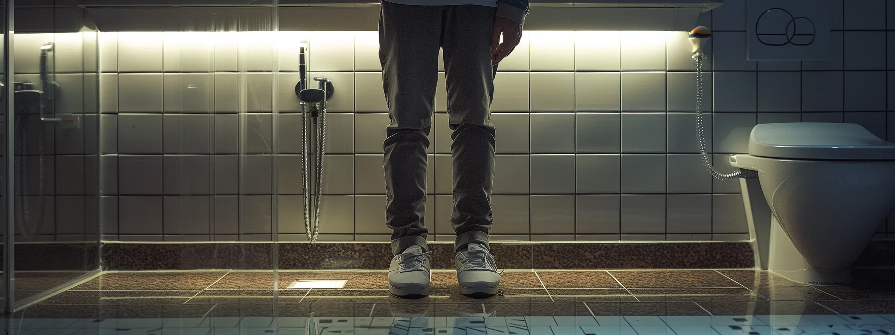 a person measuring the clearance beneath a sink in a public restroom.