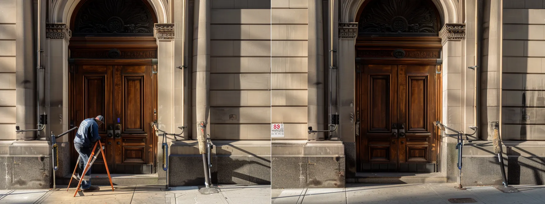 an architect carefully measuring the clearance space around a historic swing door for ada compliance.