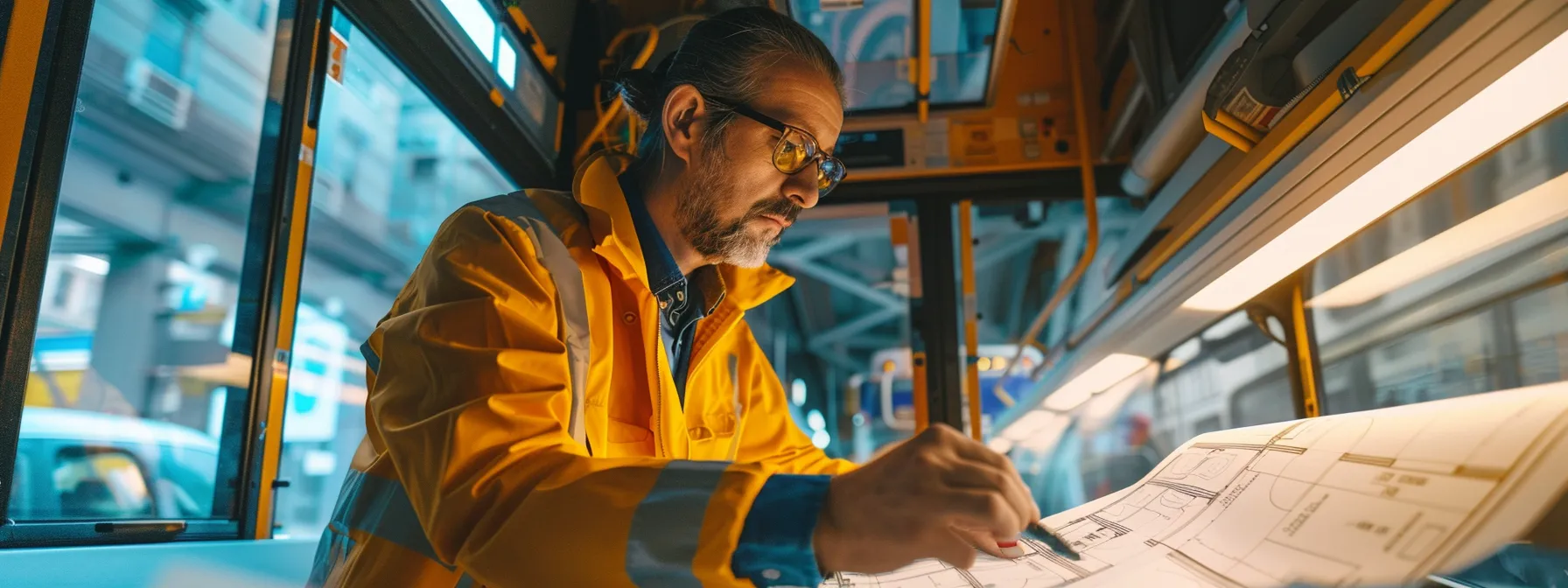 an architect reviewing blueprints for a renovated bus interior to ensure compliance with ada knee clearance standards.