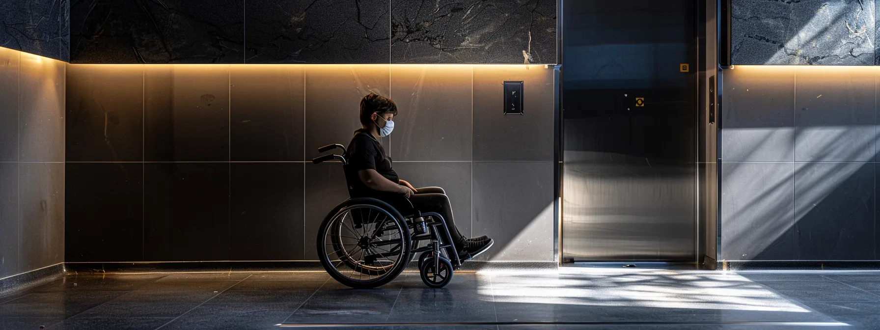 a person in a wheelchair easily accessing a restroom stall with ample knee clearance.