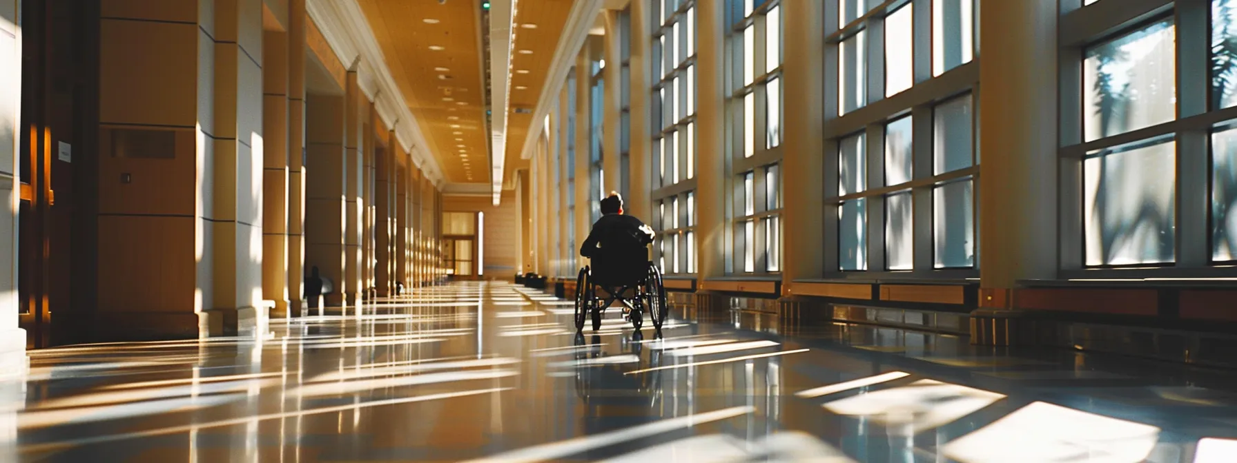 a person in a wheelchair easily maneuvering through a spacious and accessible hallway.