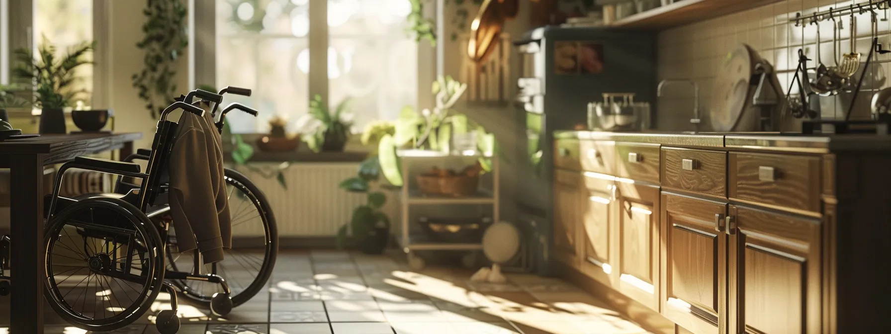 a wheelchair user easily accessing a low shelf in a kitchen.