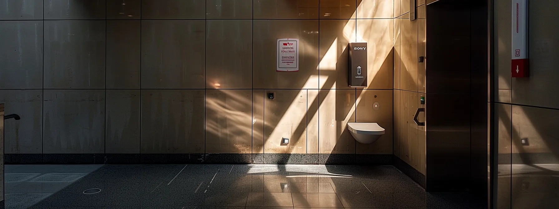 a restroom with an emergency call button within arm's reach for wheelchair users, with clear signage indicating its location.