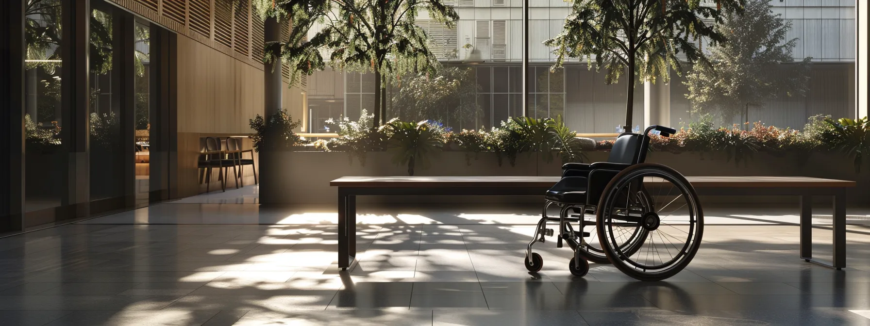 a spacious and open area underneath a table, allowing ample room for a wheelchair user to comfortably sit.