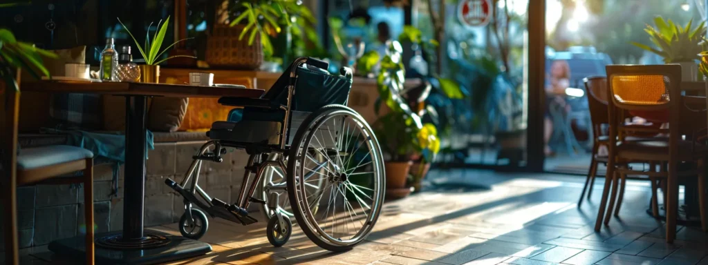 a person in a wheelchair comfortably fits under a table in a restaurant.