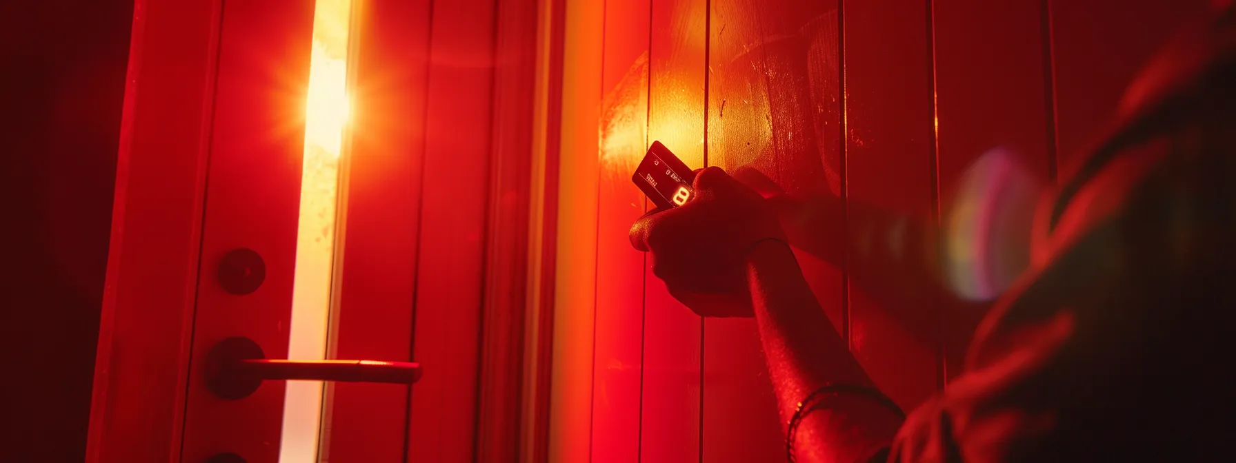 a person using a door gap gauge to inspect a fire door during a safety inspection.