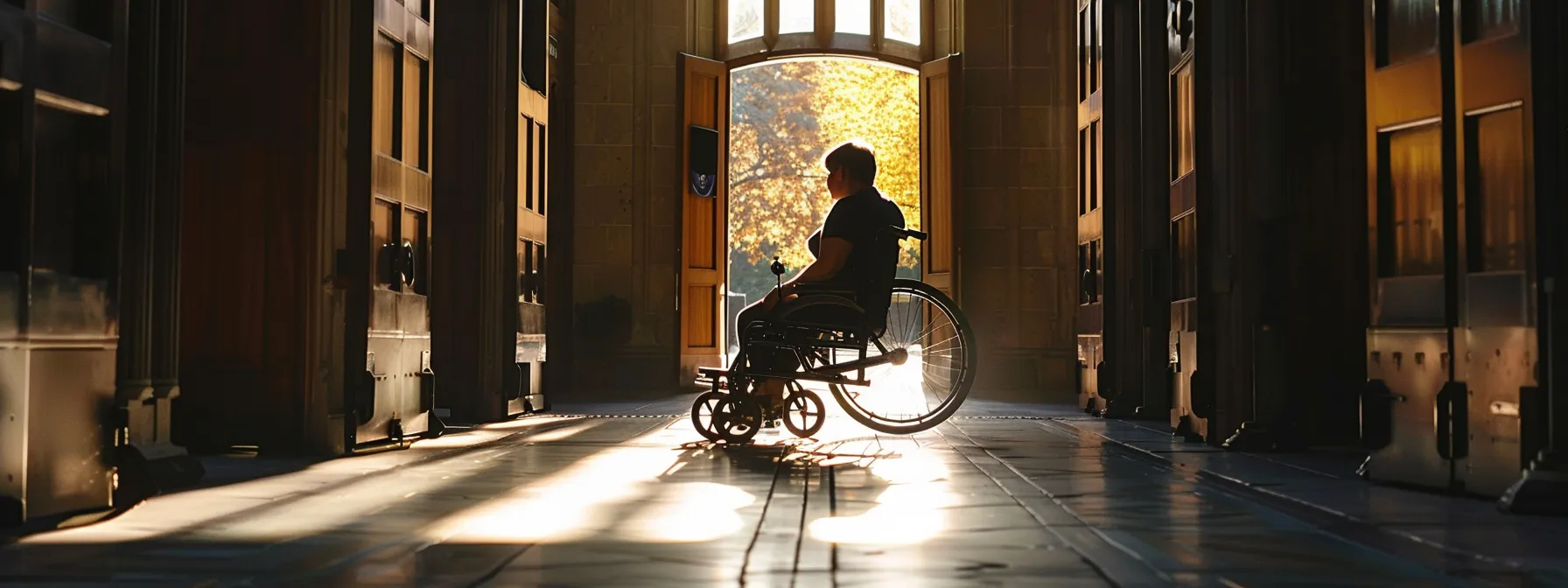 a person in a wheelchair easily maneuvering through a series of doors with ample space between them.