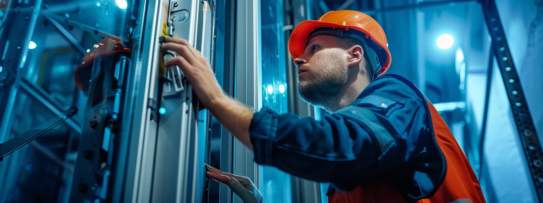 a technician inspecting and adjusting automatic door sensors and hinges for optimal performance.