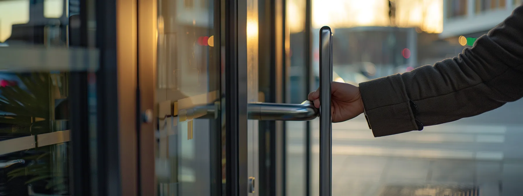 a person confidently grasping a large panic bar on a glass door, with a sleek handle next to it.