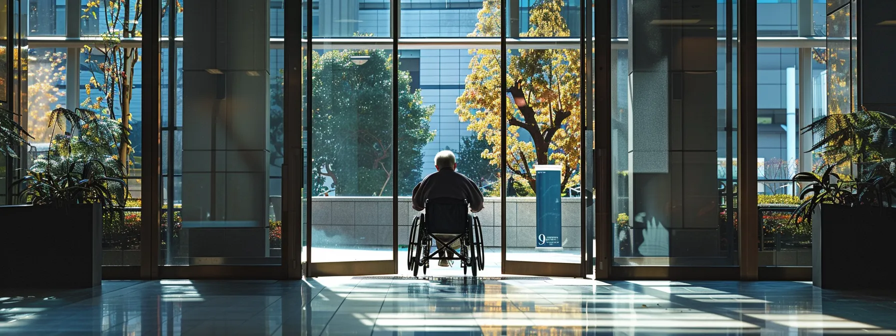 a person in a wheelchair smoothly navigating through a doorway with ample maneuvering clearance.