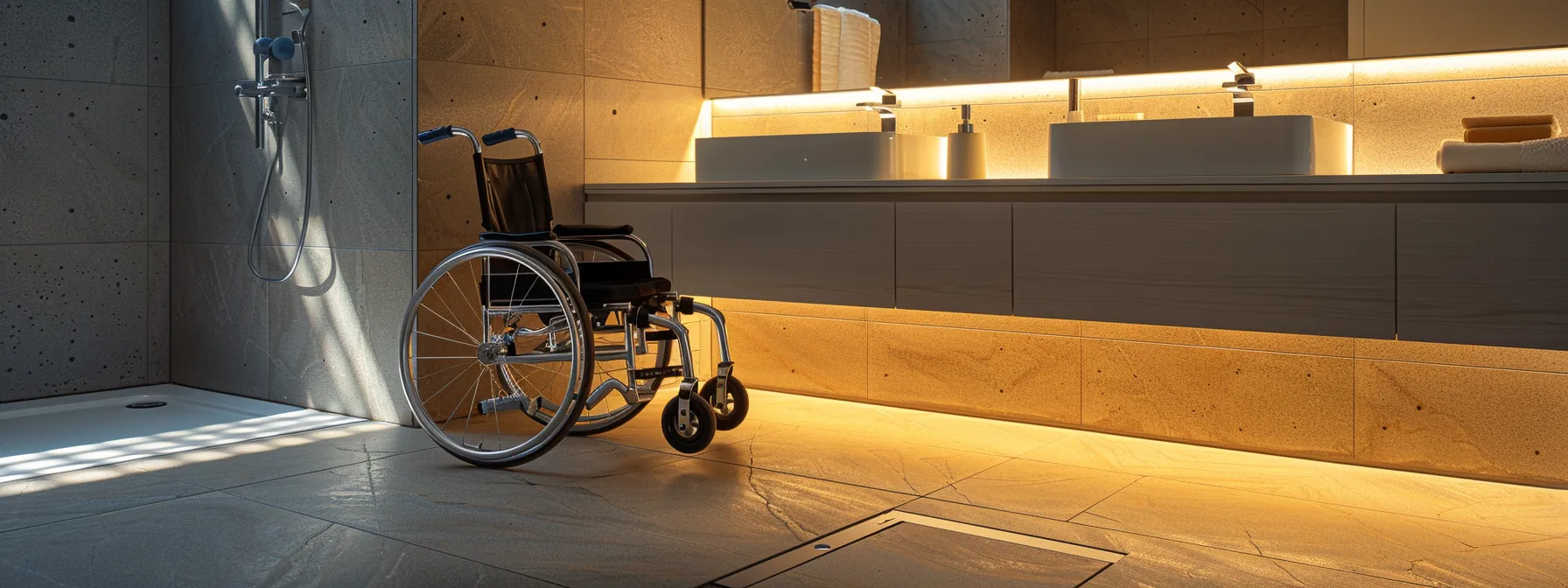 a wheelchair user easily maneuvering under a sink with ample knee and toe clearance in an ada-compliant bathroom design.