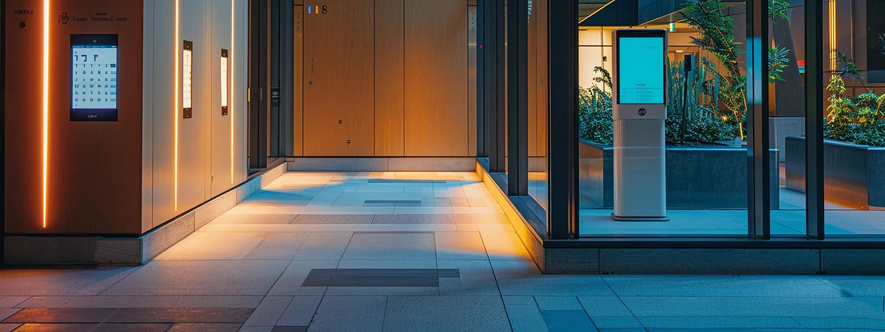 a newly designed entrance with braille signage and tactile walkways, featuring adjustable fixtures and smart technology.