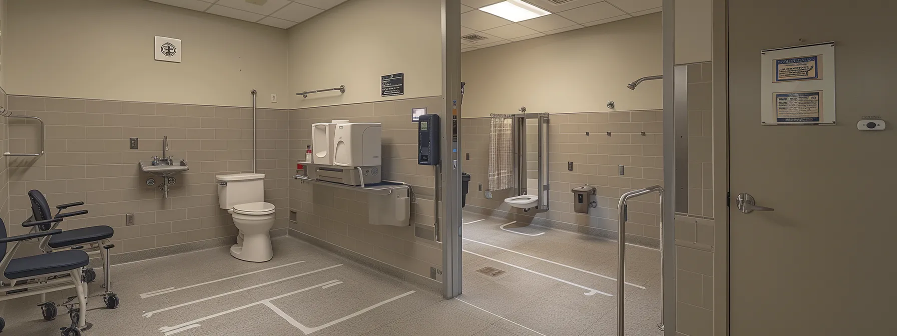 an ada-compliant restroom with spacious clear floor space for wheelchair maneuverability and accessible toilet compartments with minimum dimensions.