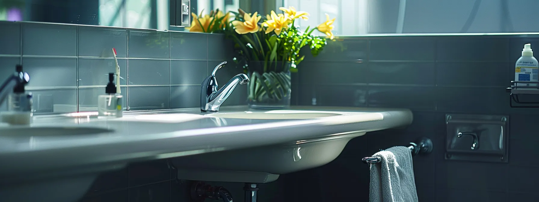 a bathroom sink with ample space underneath to accommodate a wheelchair user.