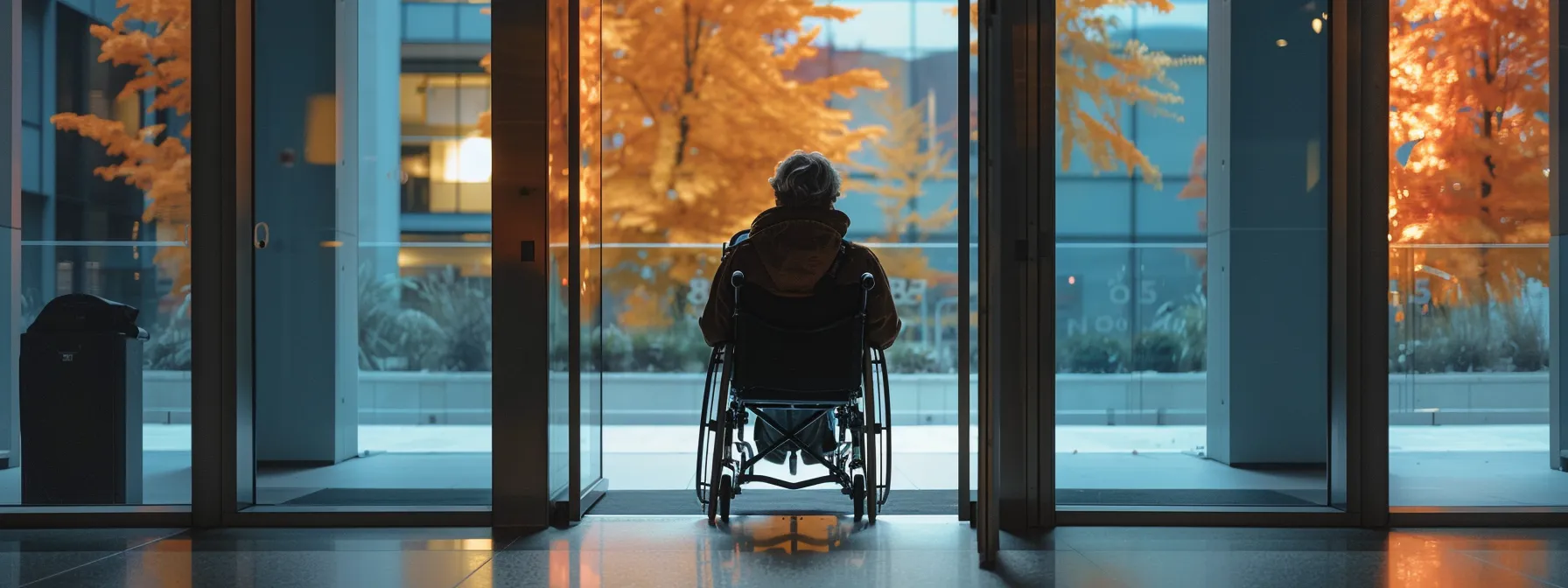 a person in a wheelchair easily passing through a wide accessibility door.