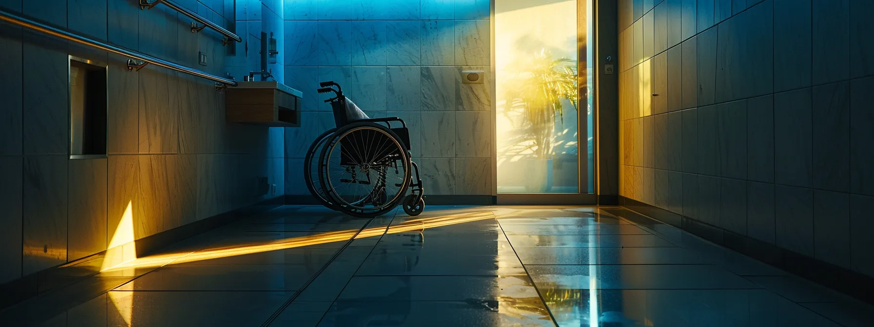 a wheelchair user approaching a bathroom door with ample clearance for access.