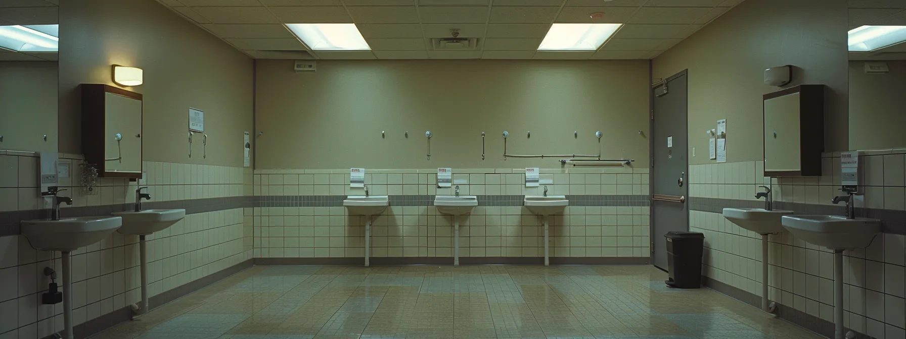 a restroom with carefully designed knee clearance and proper placement of grab bars and toilet tissue dispensers for accessibility.