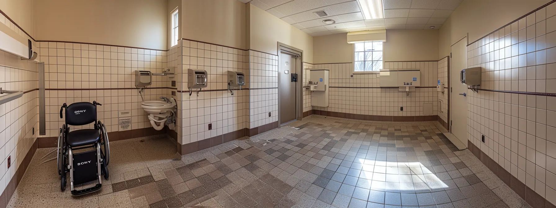 a spacious restroom with designated ada compliant features to accommodate individuals in wheelchairs.