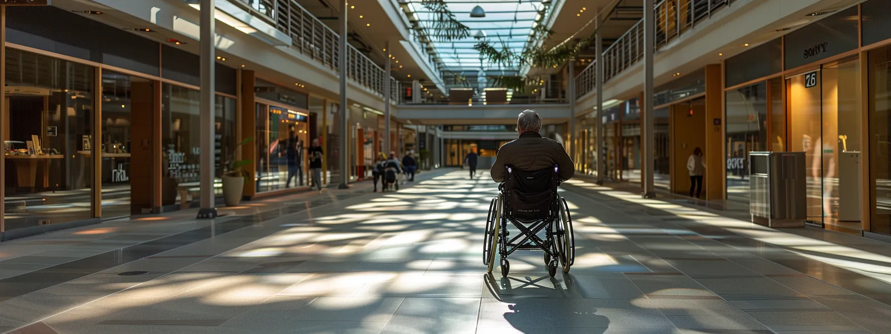 a person in a wheelchair navigating through a wide open public space with clear pathways and no obstructions.