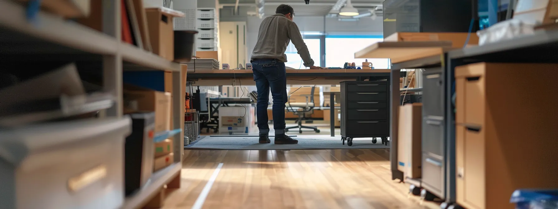 an architect measuring knee clearance under a desk in an office building.