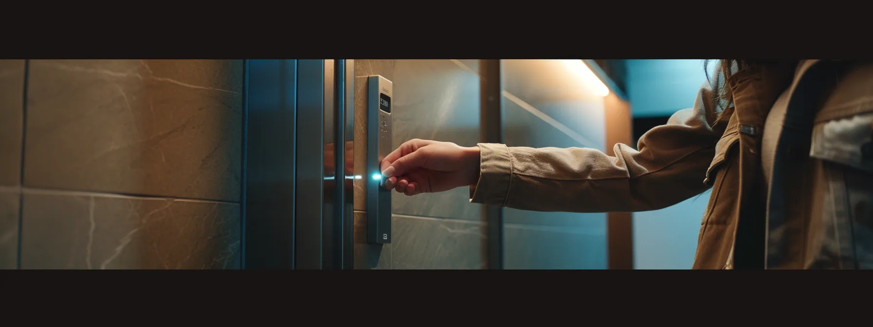 a person is testing the force needed to open a door in a public bathroom.