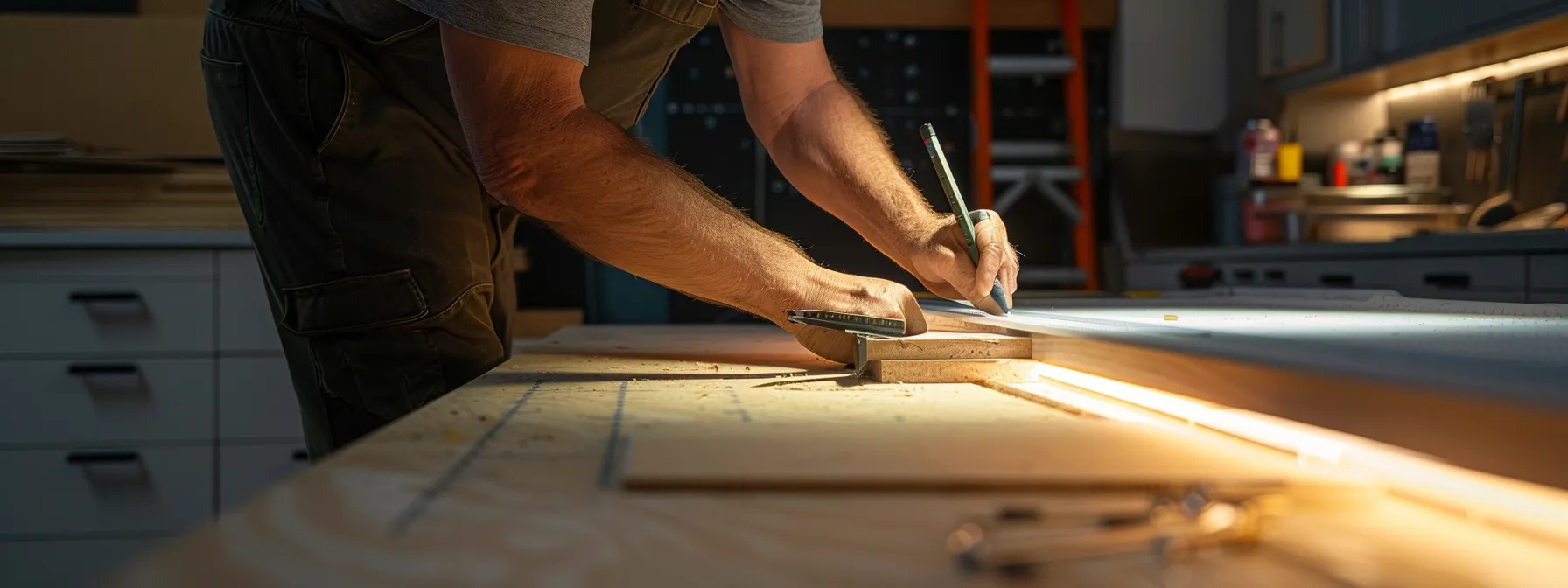 a designer carefully measuring and planning the height and depth of a work surface for ada knee clearance.